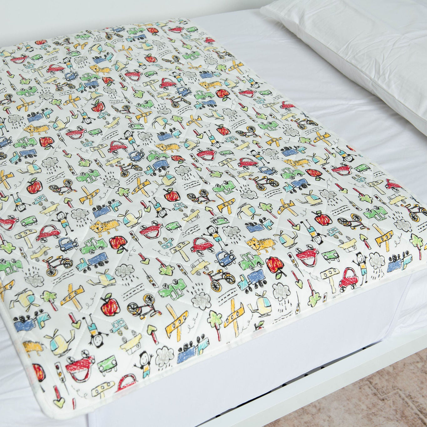 A close up of a Bed Mat in the City Hustle pattern. 